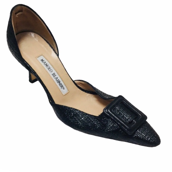 Manolo Blahnik Shoes - MANOLO BLAHNIK RAFIA WOVEN BUCKLE POINTY TOE PUMPS